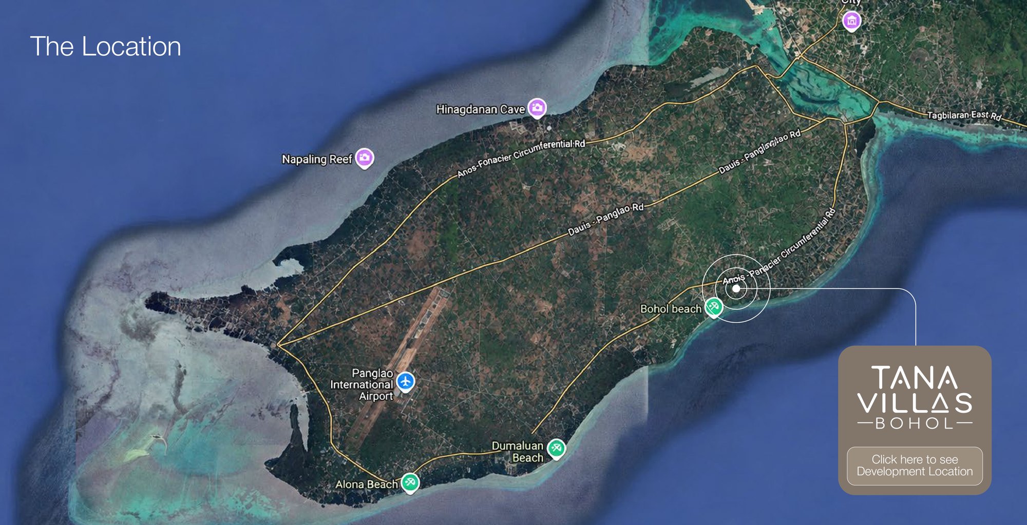 Map of Panglao Island marking the Tana Villas development, the airport, Alona Beach and dive sites
