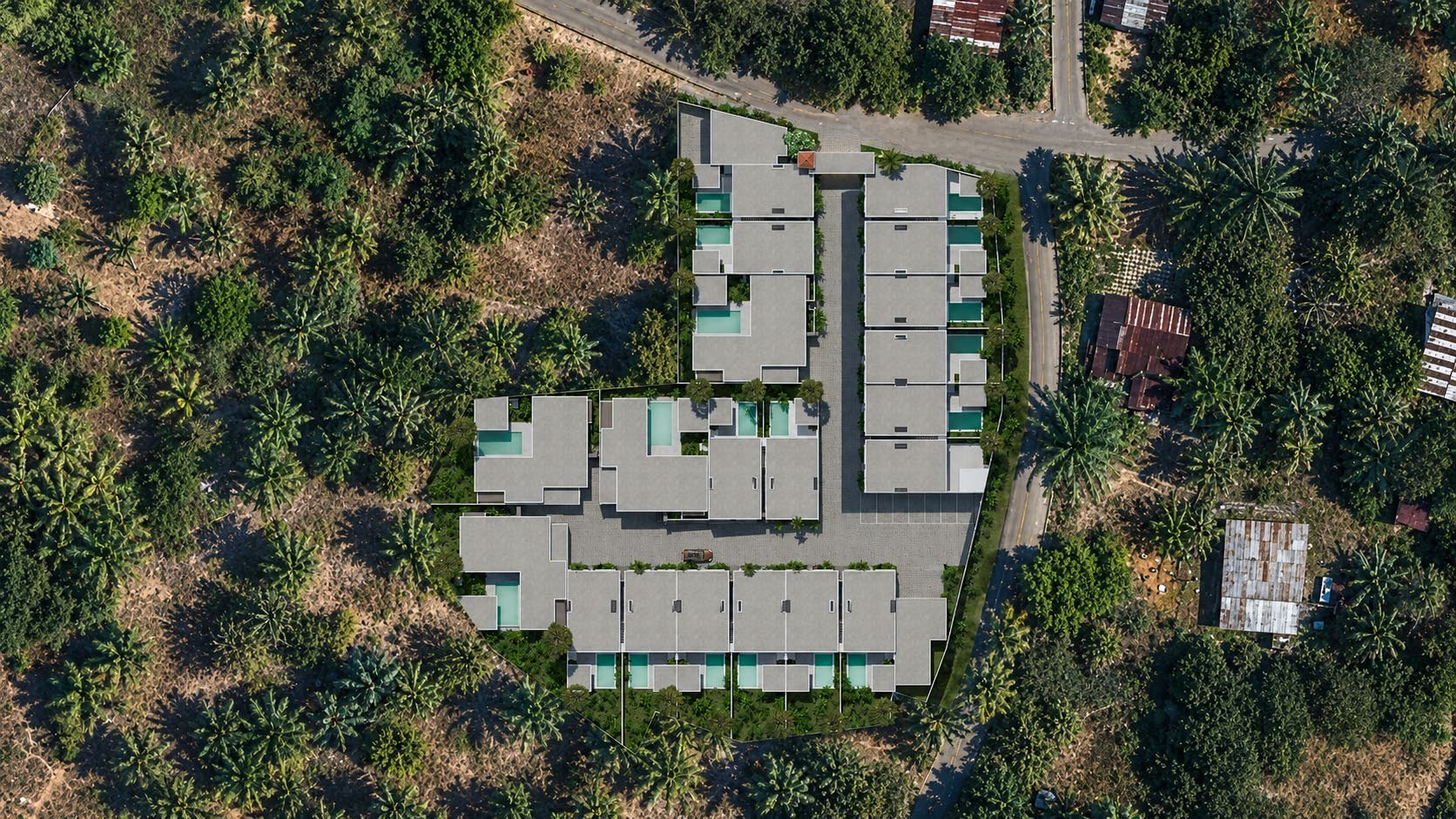 Aerial masterplan of Tana Villas showing all twenty private pool villas in Panglao, Bohol